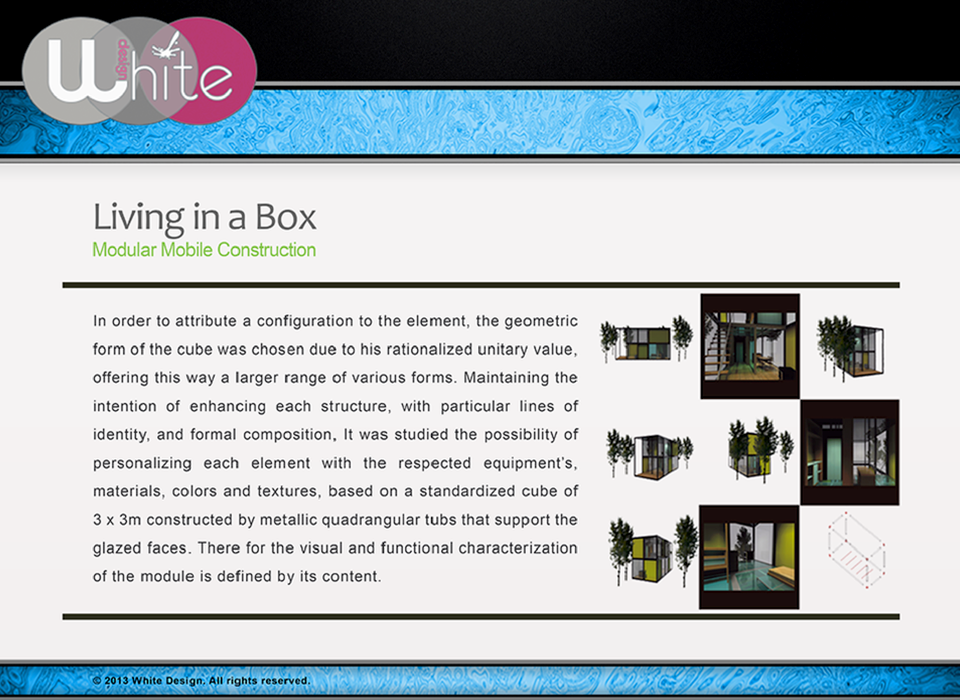A series of module configurations, interior studies and a frame diagram.